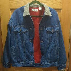 Men's Blue Denim Jacket with Red Lining and Corduroy Collar